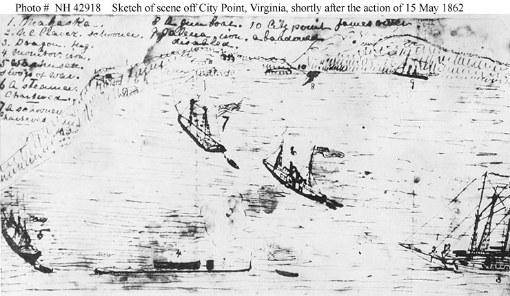 Sketch of the scene off City Point, James River, Virginia, shortly after the action of 15 May 1862, showing USS Mahaska and other vessels